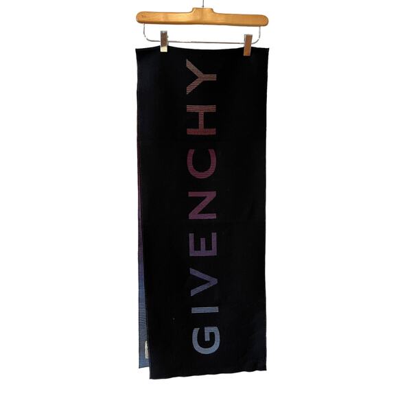 Givenchy Logo Wool Double Face Fringe Scarf Black Ombre - Picture 1 of 8